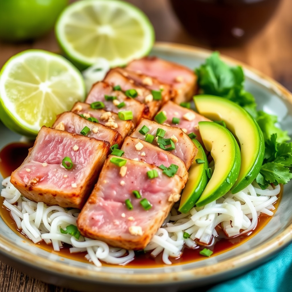 Pannestekt tunfisk med avokado, soyasaus, ingefær og lime