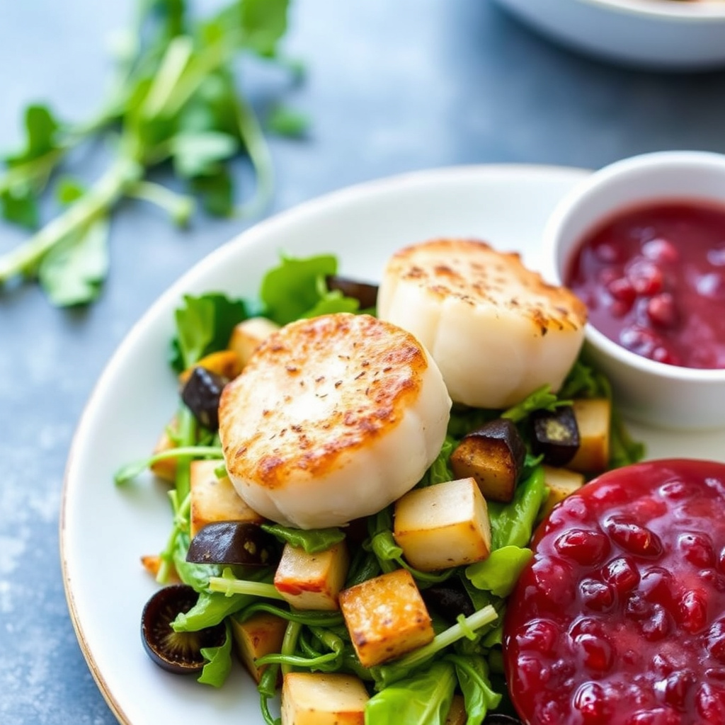 Pannestekte dagbåtskrellere på spruttsalat med tranebær- og horseradsdipp