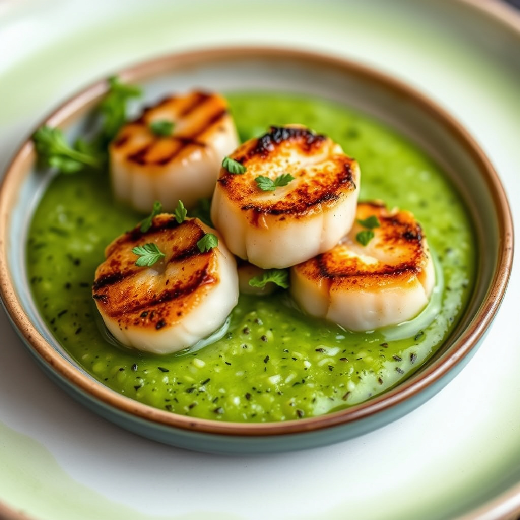 Pannestekte kamskjell på grønn gazpacho