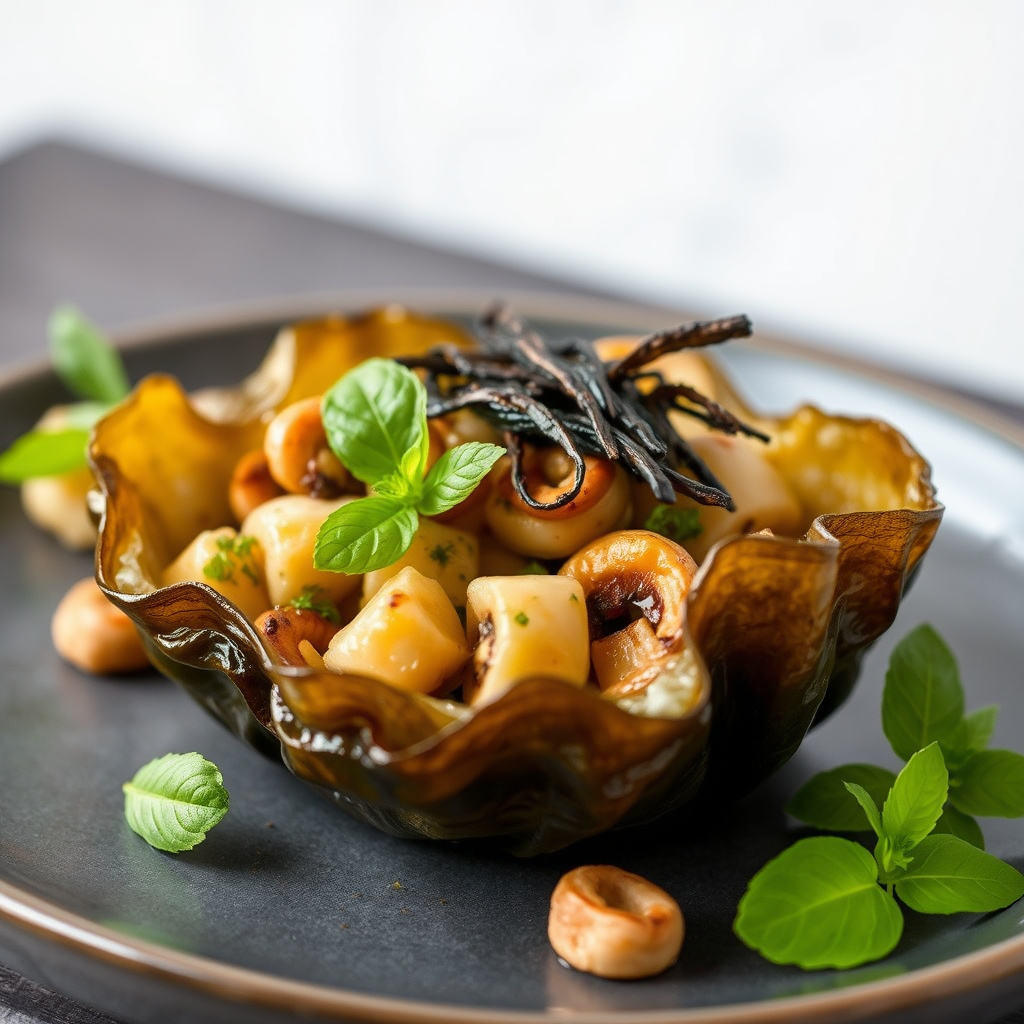 Papillote av Kumu med basilikum, tang og shiitakesopp