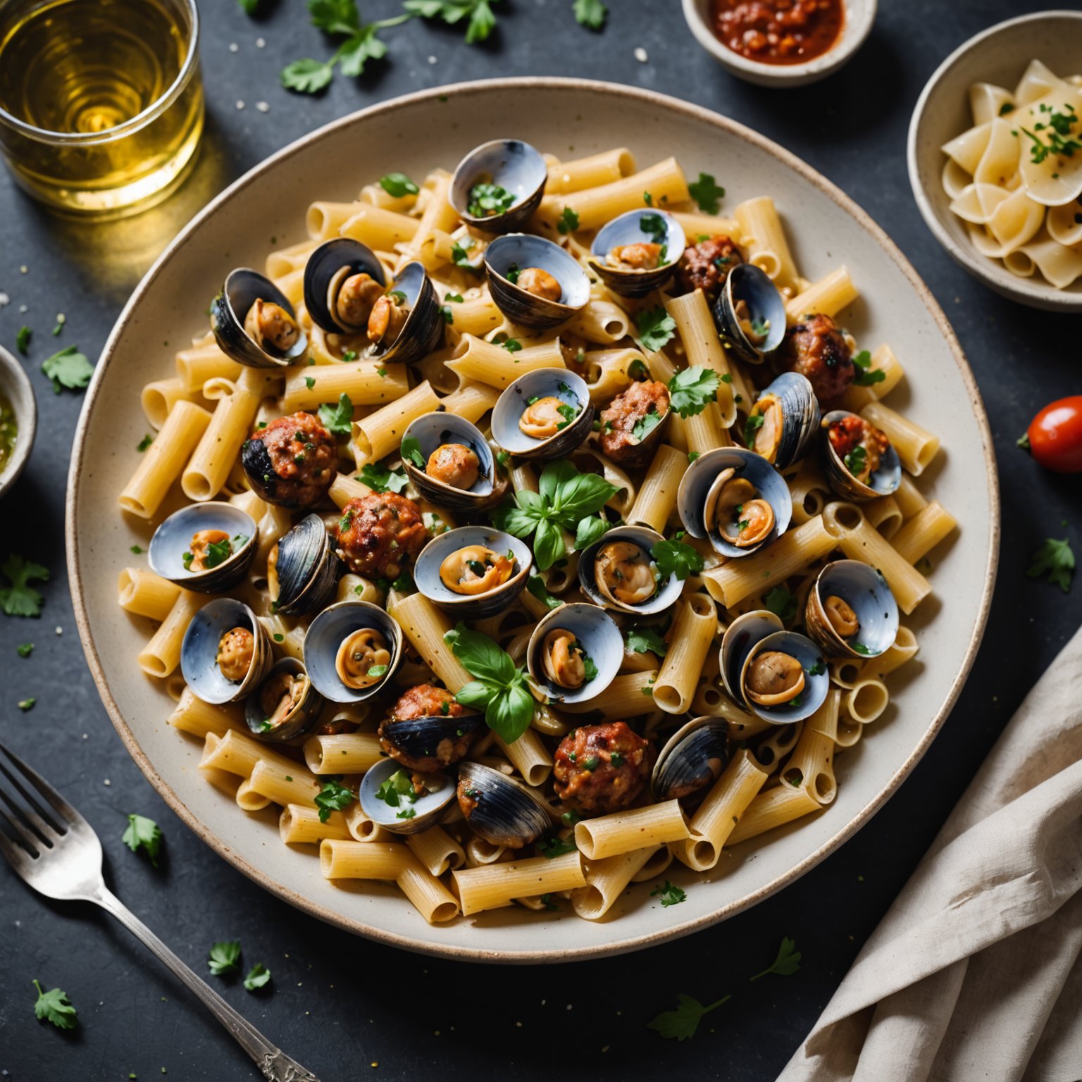 Pasta med blåskjell, hvitvin og krydret italiensk pølse