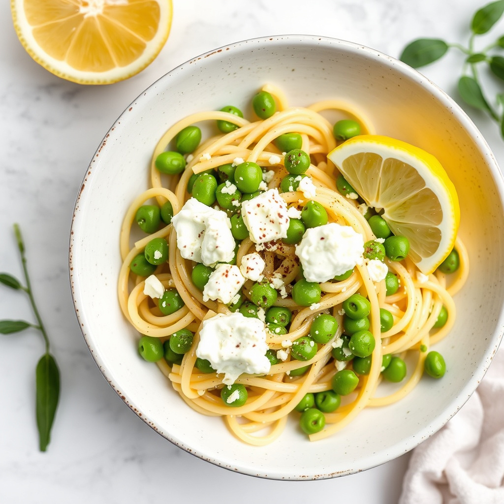 Pasta med erter, ricotta salata og sitron