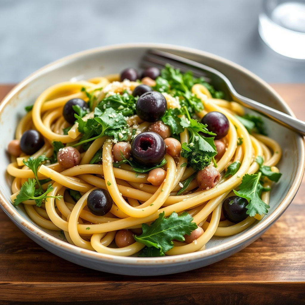 Pasta med favabønner, oliven og brokkolirabi