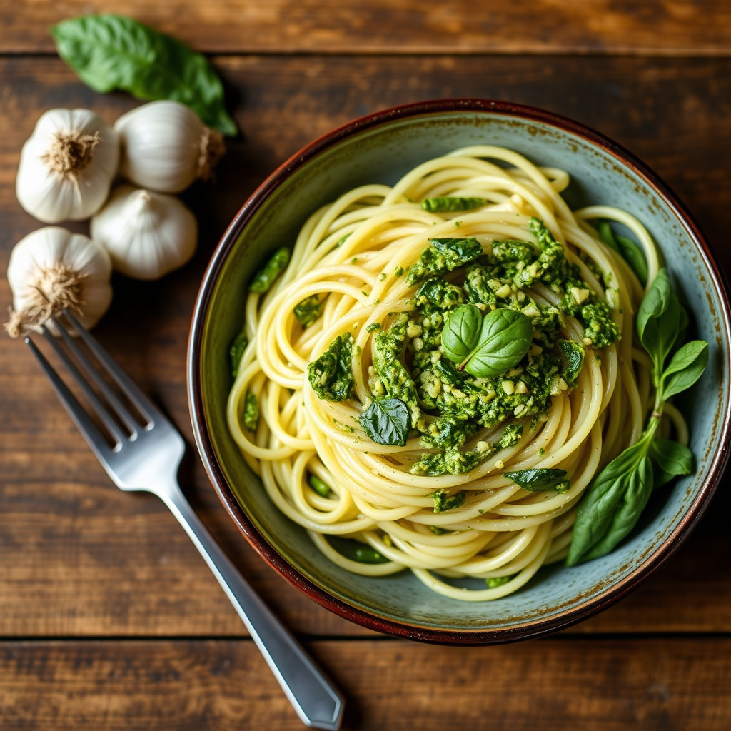 Pasta med hvitløk-gresspesto