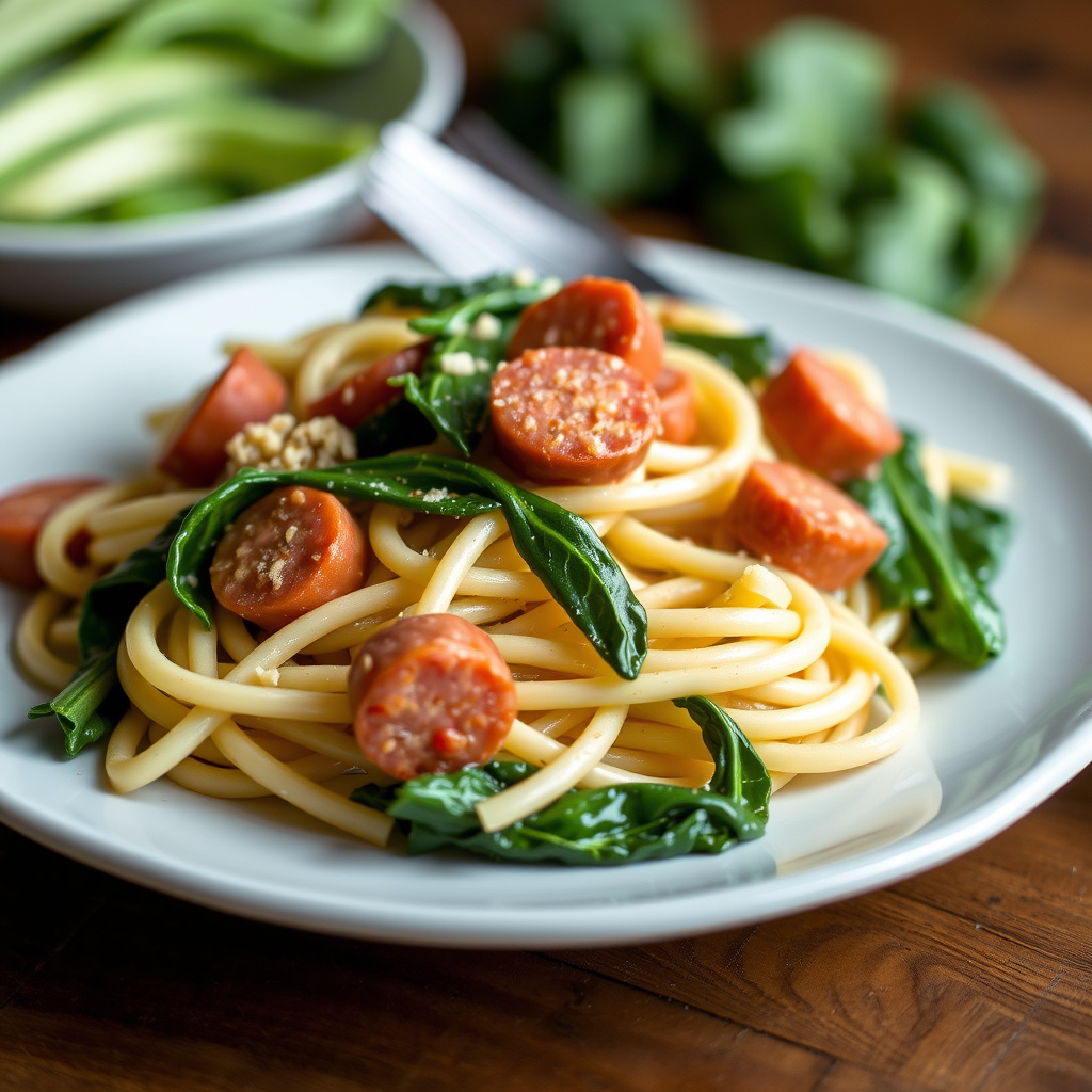 Pasta med kielbasa og mangold