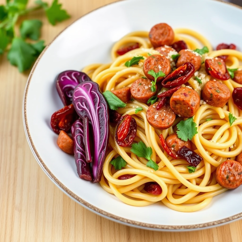 Pasta med krydret pølse, radicchio og soltørkede tomater