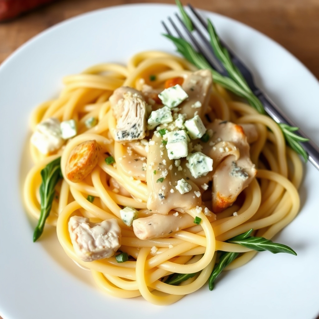 Pasta med kylling, krøllete endiv og blåmuggost