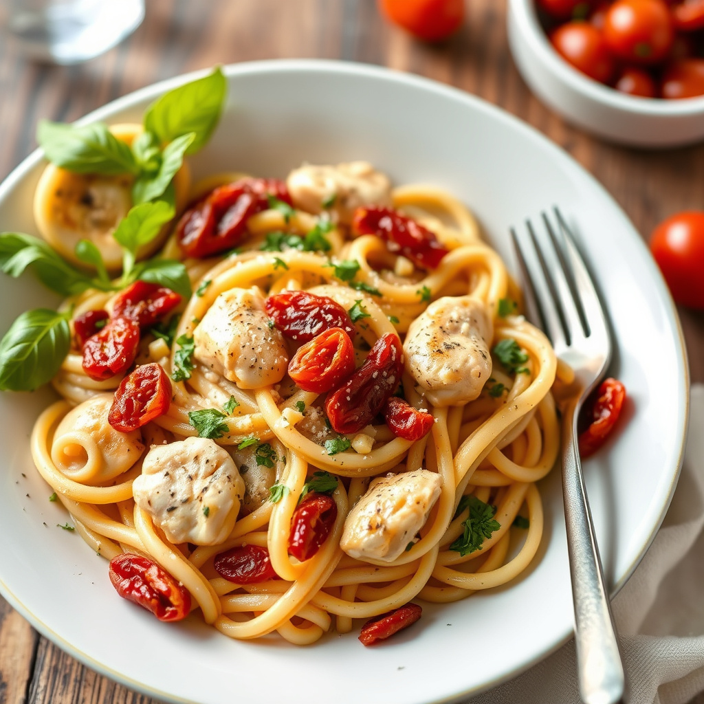 Pasta med kylling og soltørkede tomater