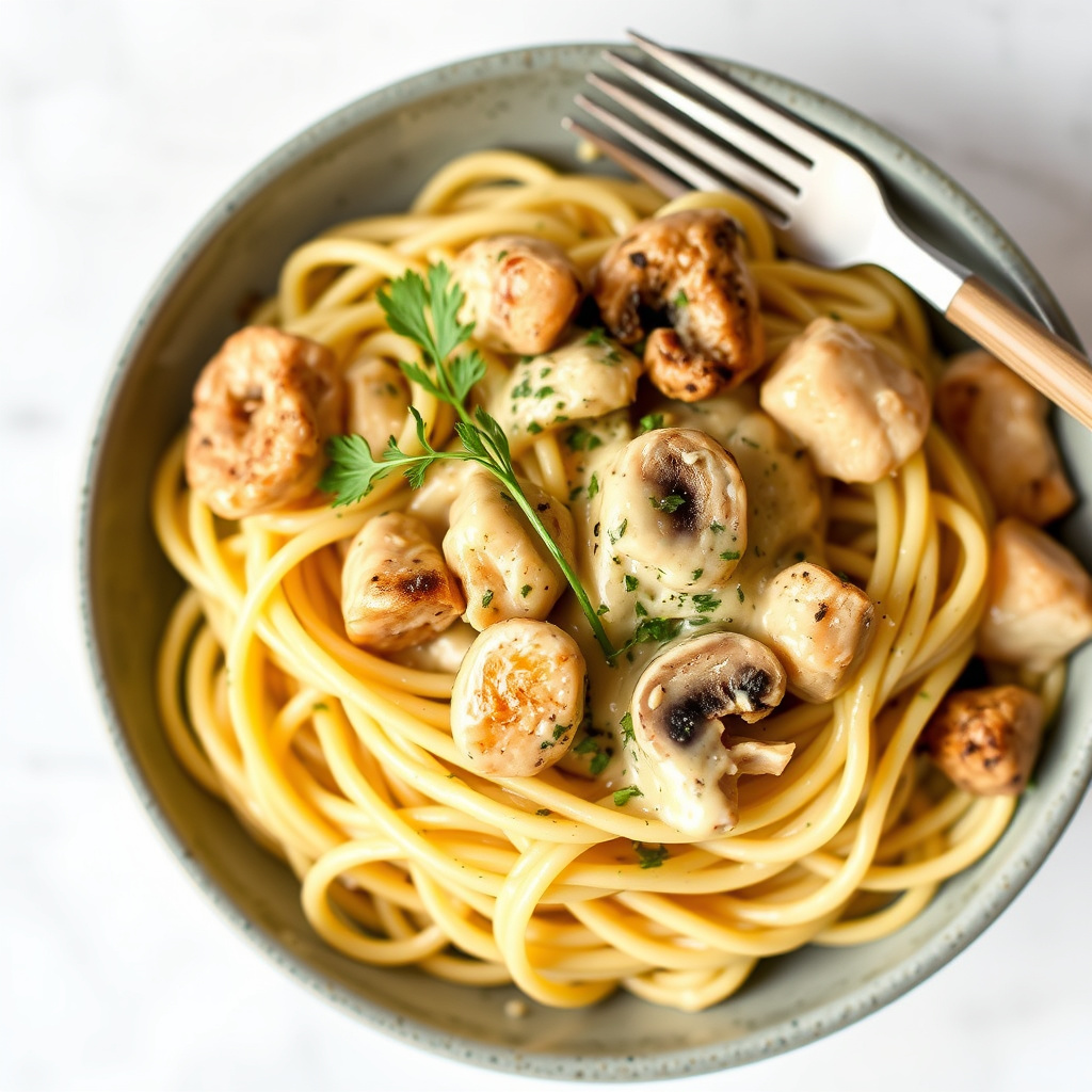 Pasta med kylling- og soppsaus med krem