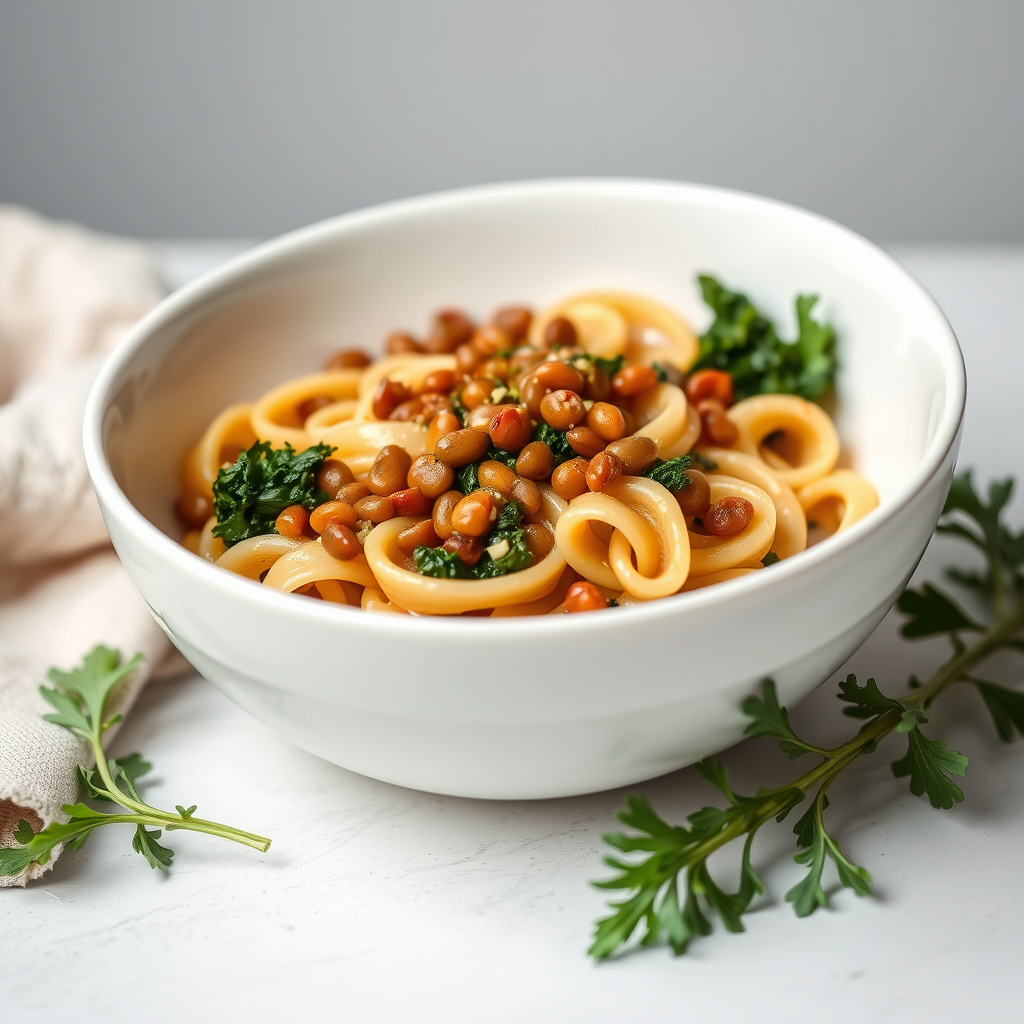 Pasta med linser, grønnkål og karamellisert løk