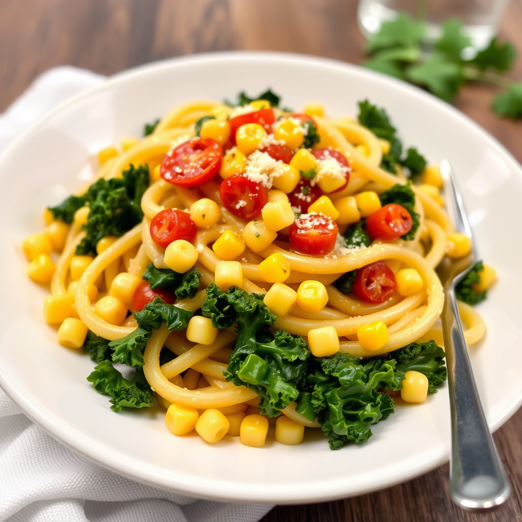 Pasta med mais, grønnkål og sopp