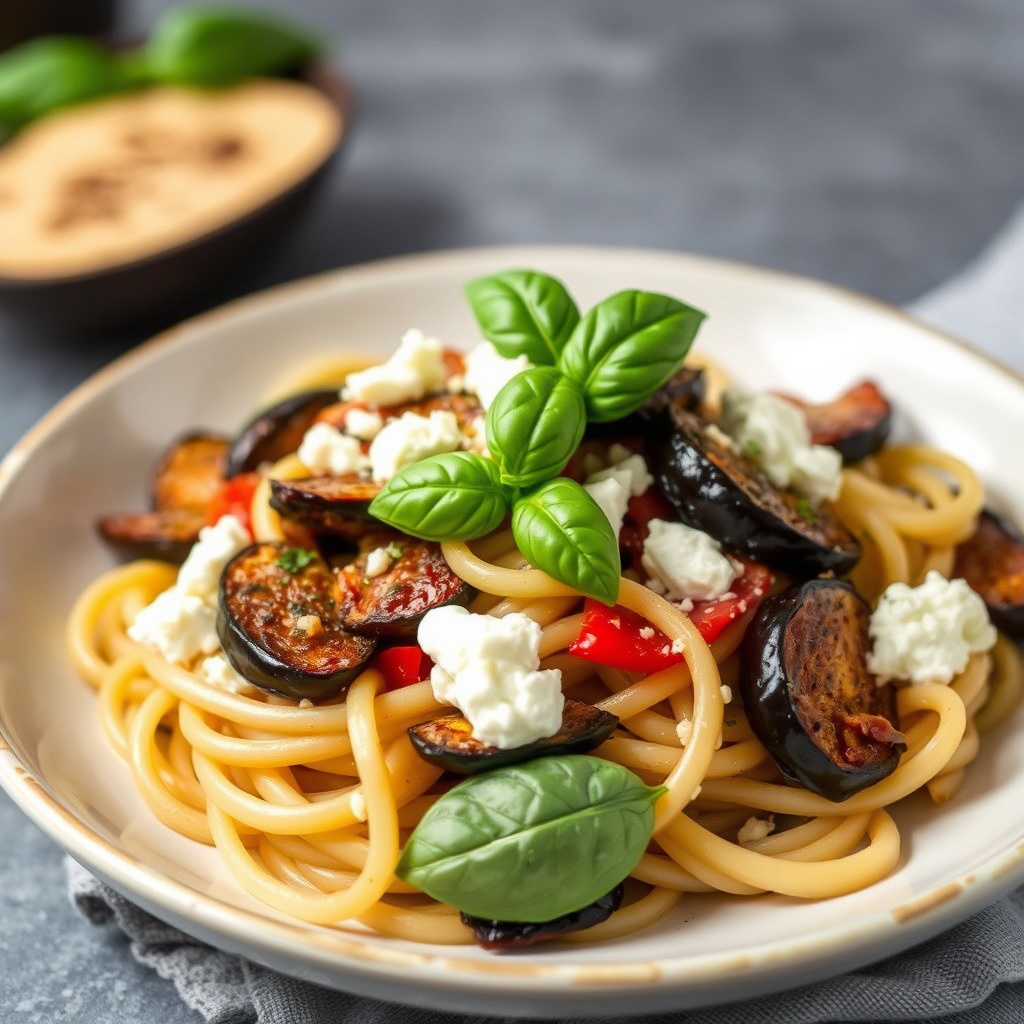 Pasta med ovnsbakt aubergine, ricotta og basilikum