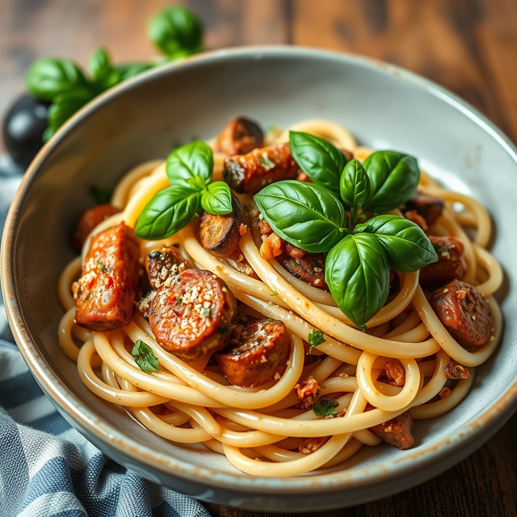 Pasta med pølse, aubergine og basilikum