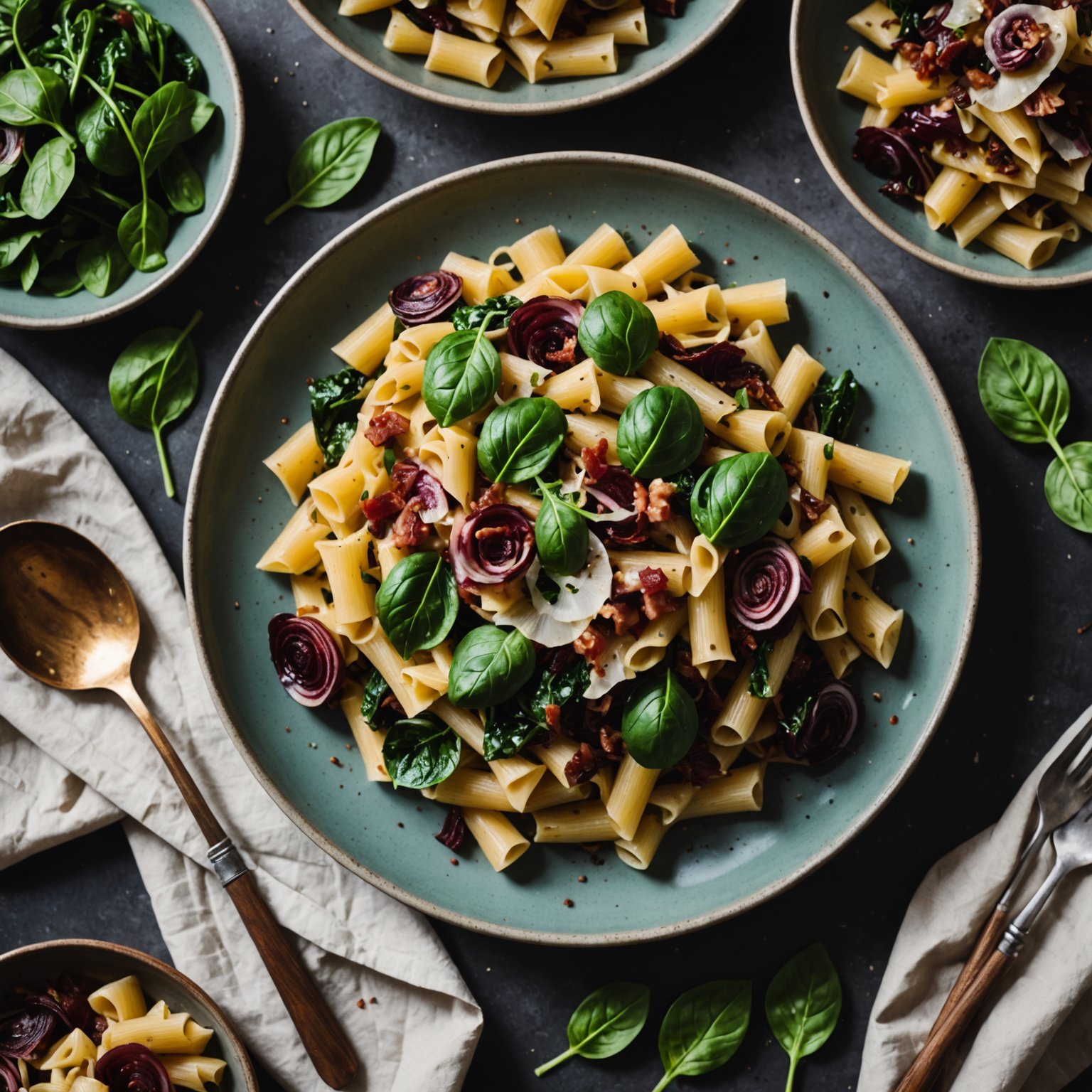Pasta med radicchio, bacon og spinat, med artisjokkdip