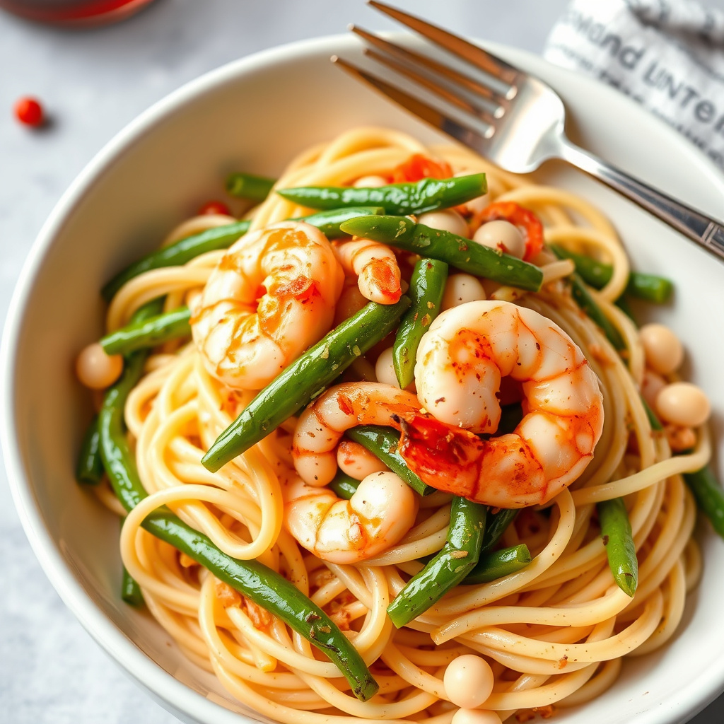 Pasta med reker, grønne bønner og hvite bønner i rød peppersmør