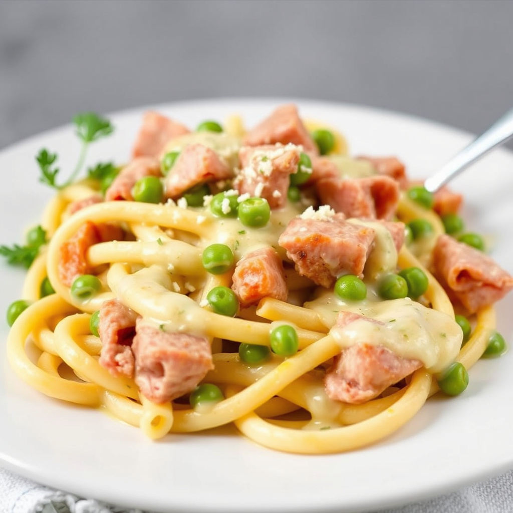 Pasta med skinke, erte og kremsaus på 15 minutter