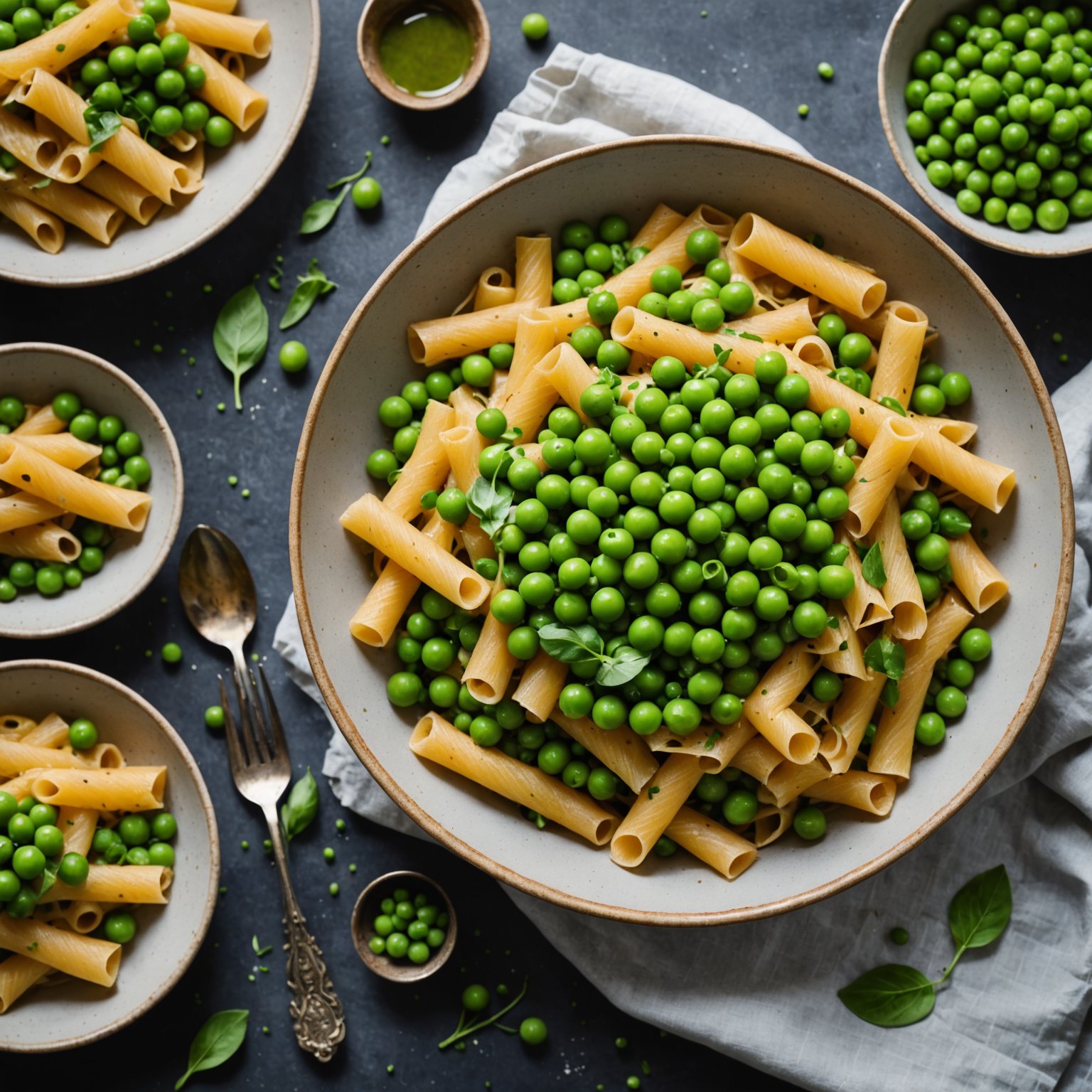 Pasta med bacon og tre typer erter