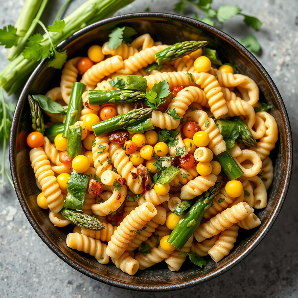 Pasta salat med asparges, babymais og friske urter