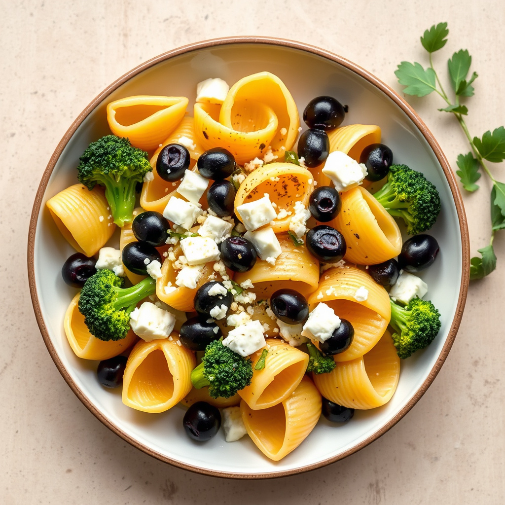 Pasta skjell med brokkoli, fetaost og oliven