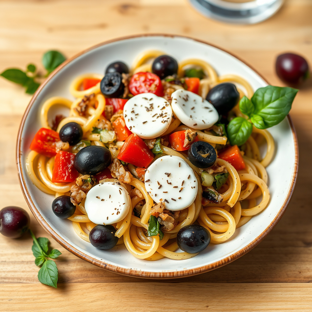 Pasta spiraler med sauterte grønnsaker, oliven og røkt mozzarella