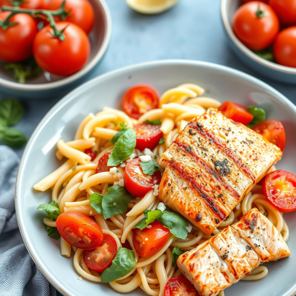 Pastasalat med tomater og grillet laks