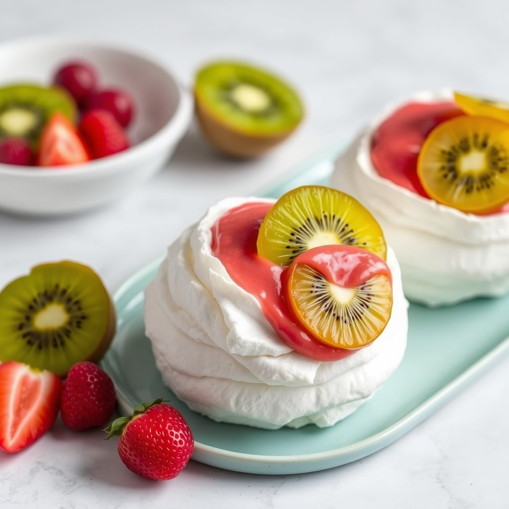 Pavlova med Kir Royale-sorbet og kiwi