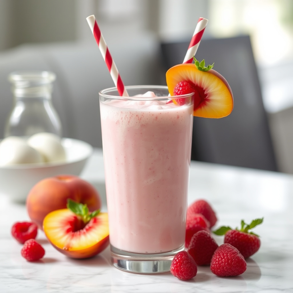 Peach- og bringebærmelkshake