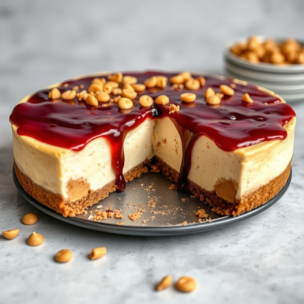 Ostekake med peanøttsmør og syltetøy