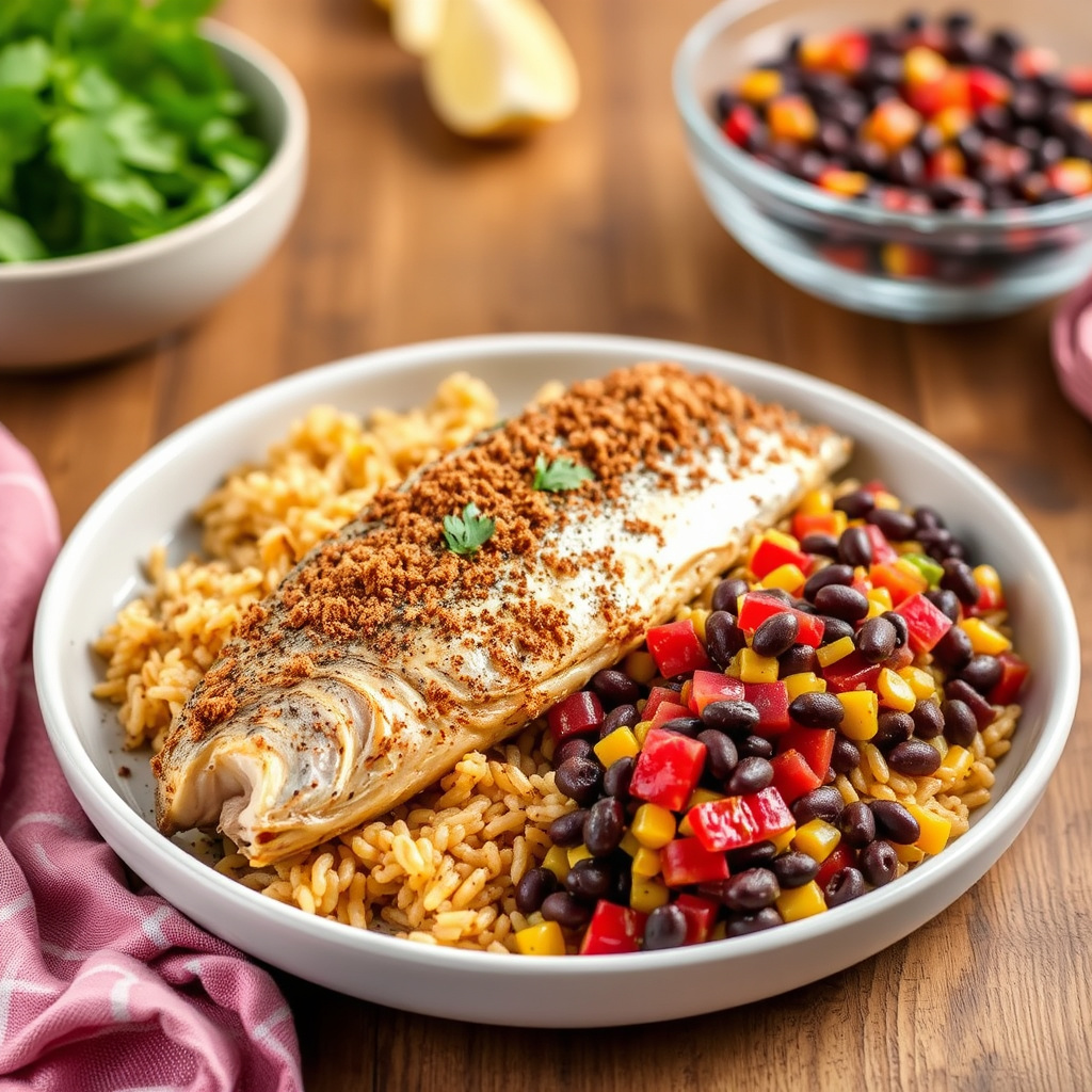 Pekannøtt-omsluttet ørret med latinris og svartbønne-mais salsa