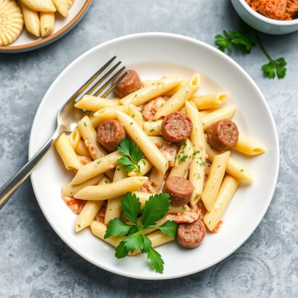 Penne i kremet saus med pølse