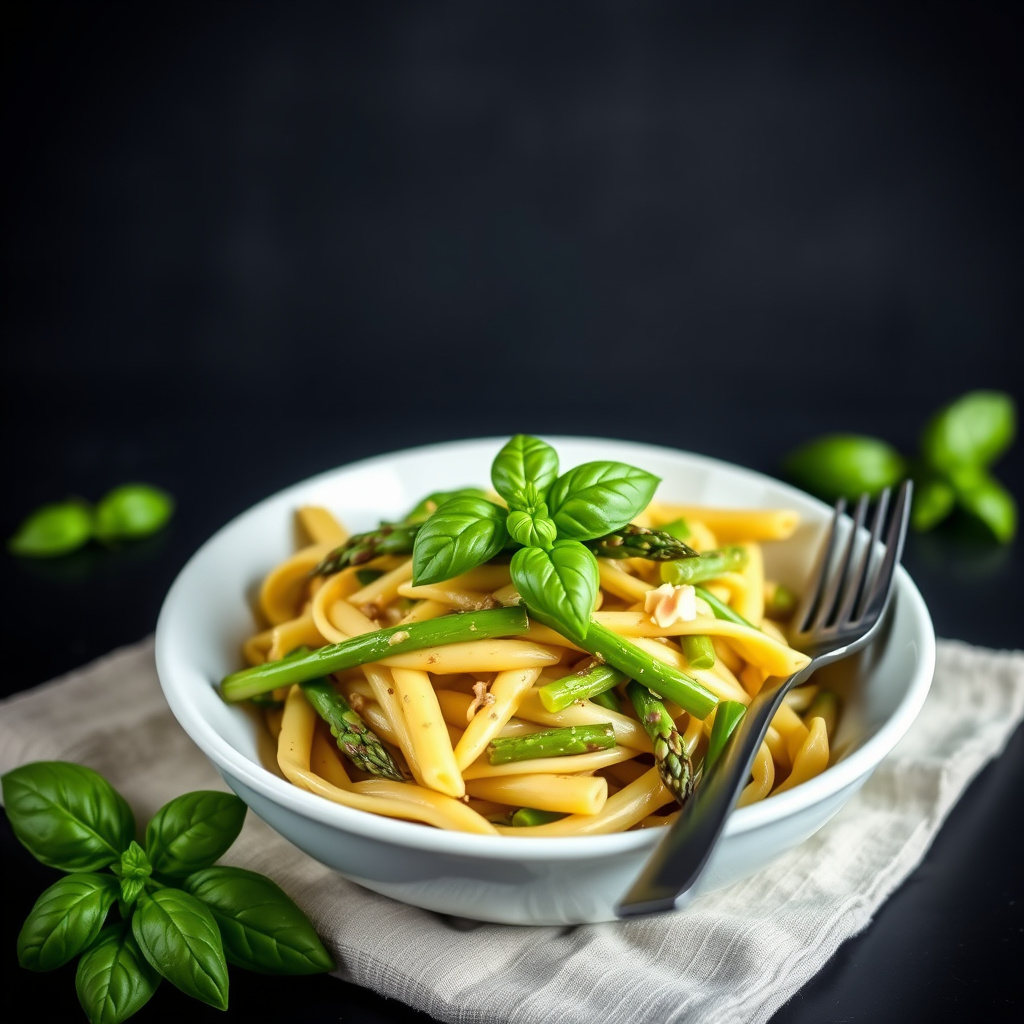 Penne med asparges, tomat og basilikum