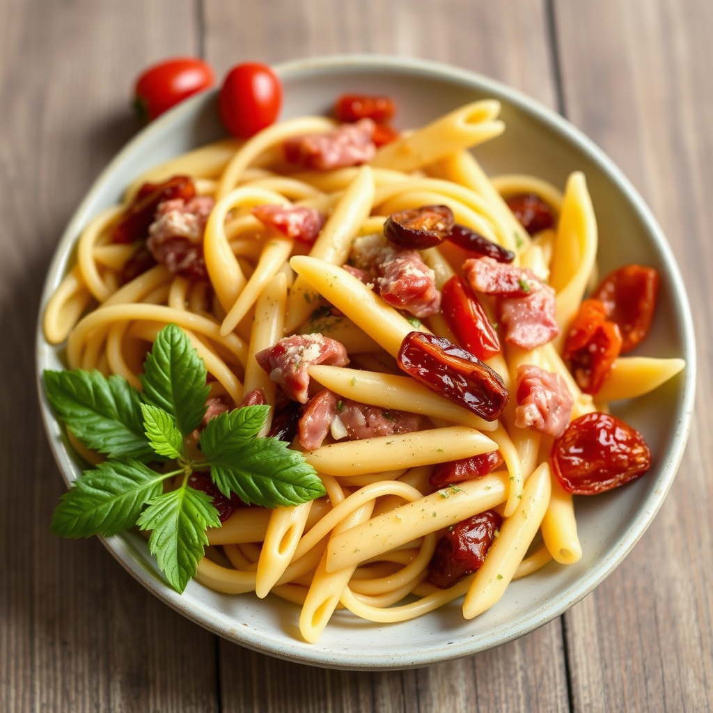 Penne med Garrotxa-ost, Serranoskinke og soltørkede tomater