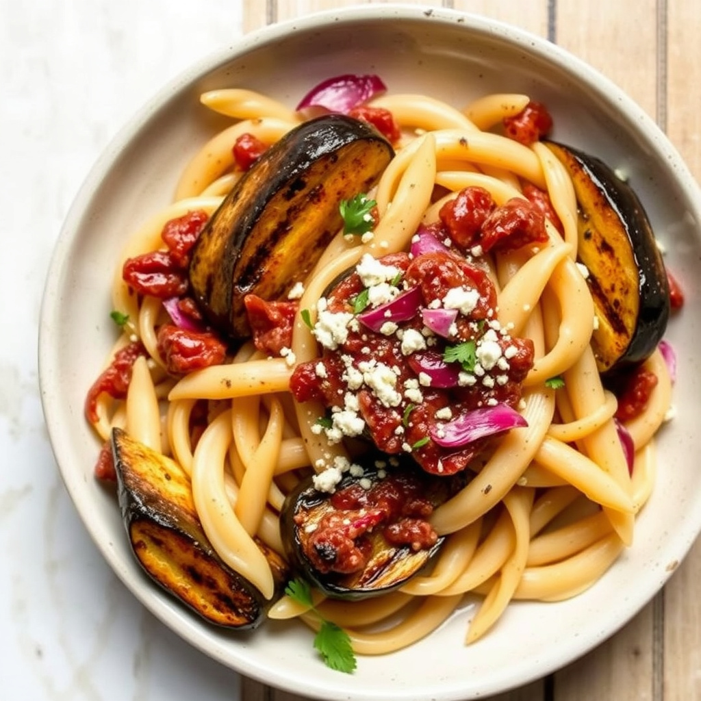 Penne med grillet aubergine og radicchiosaus