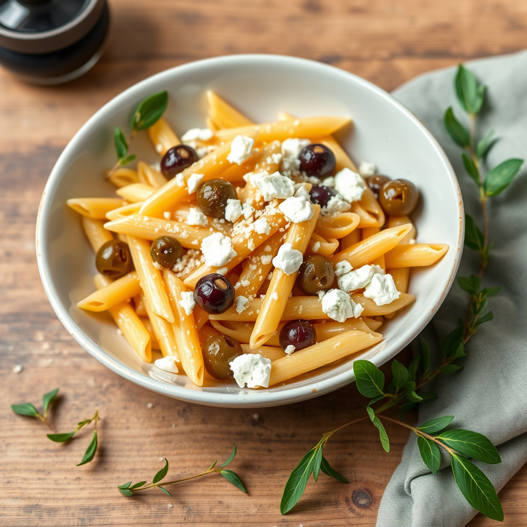 Penne med grønne oliven og feta