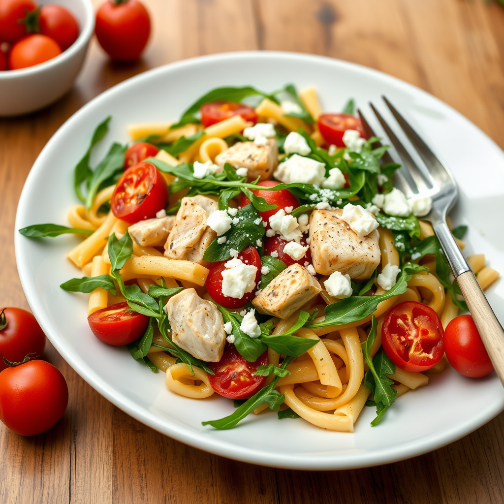 Penne med kylling, ruccola, ovnsbakte tomater og fetaost