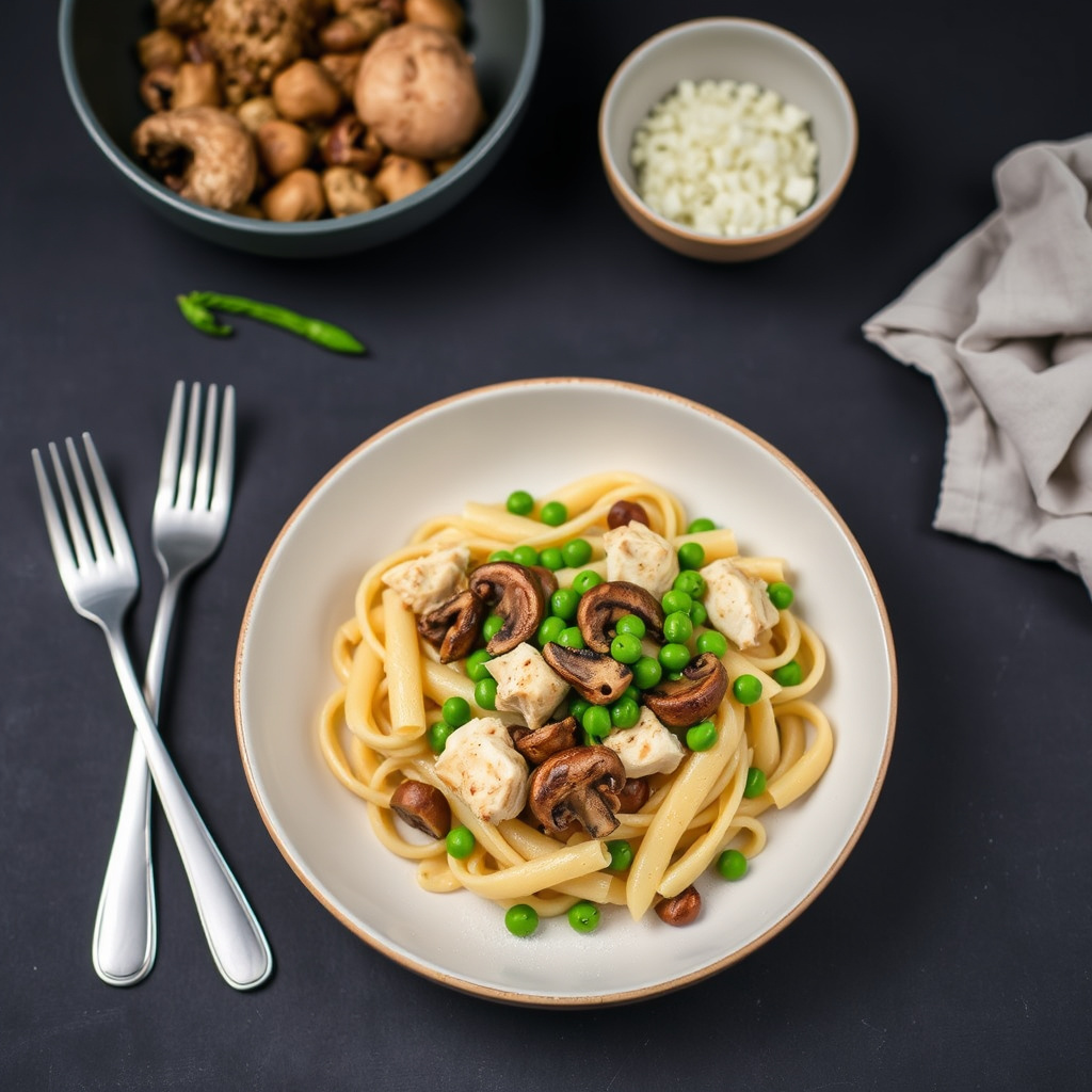 Penne med kylling, ville sopper og erter