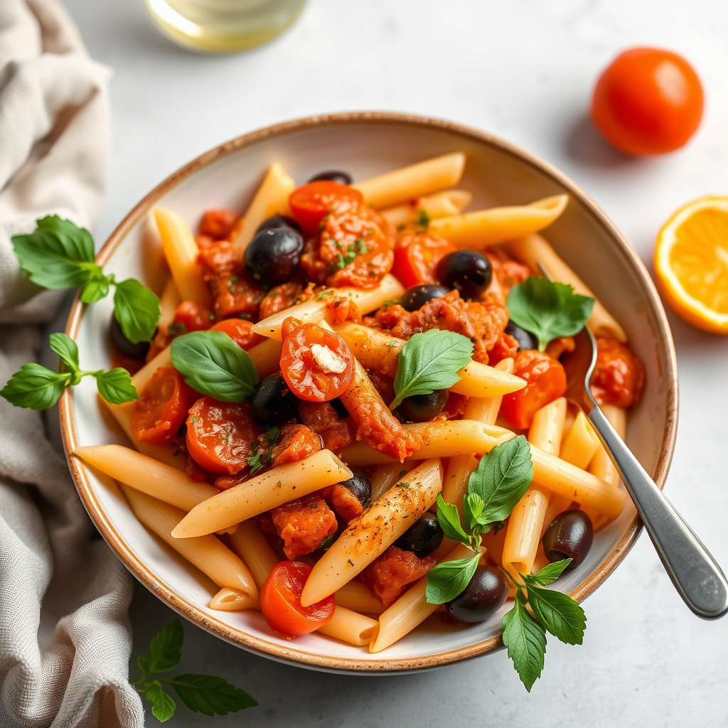 Penne med ovnsbakt tomatsaus, appelsin og oliven