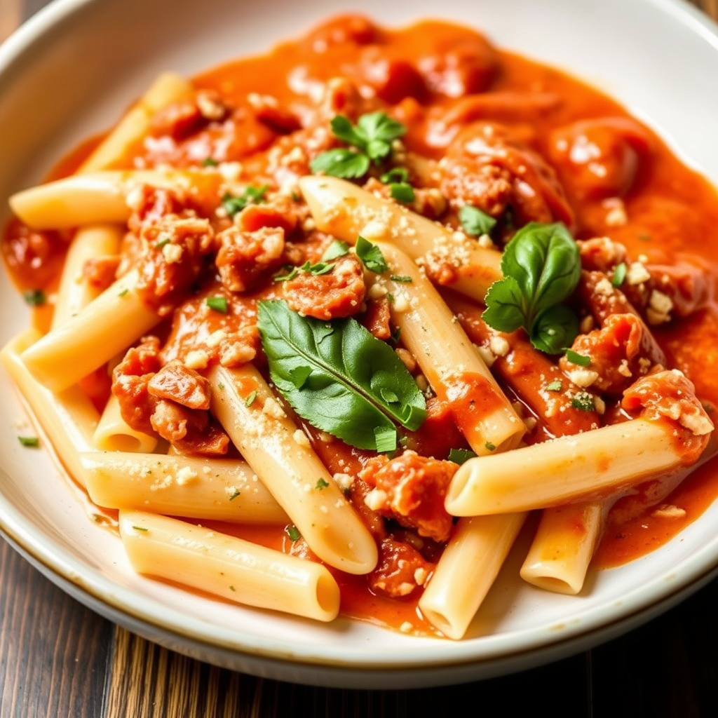 Penne med pancetta og tomat- og fløtesaus