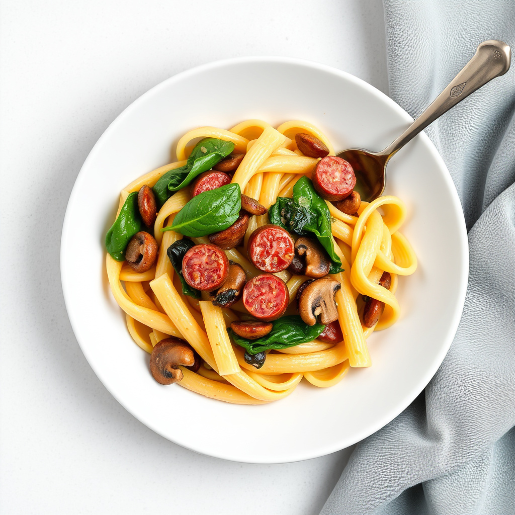 Penne med pølse, ville sopp og spinat
