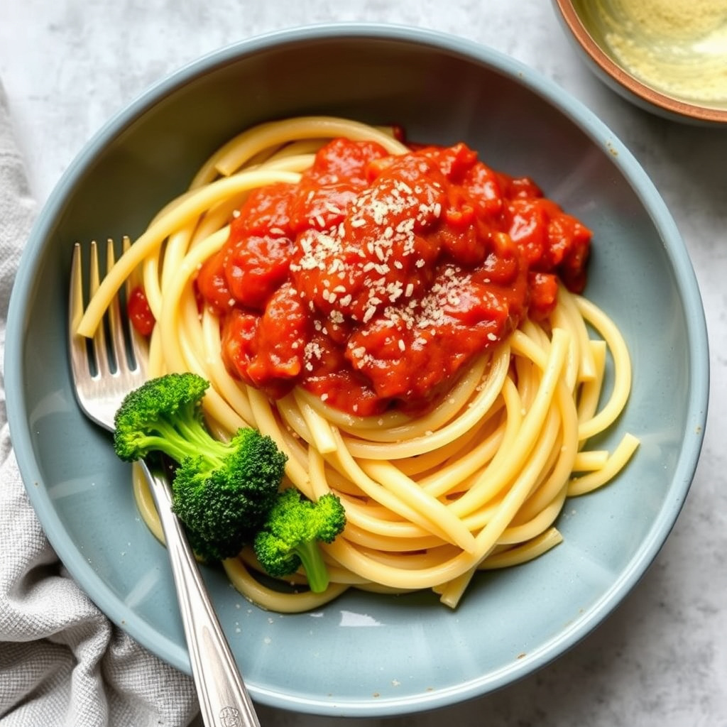 Penne med rød peppersaus og brokkoli