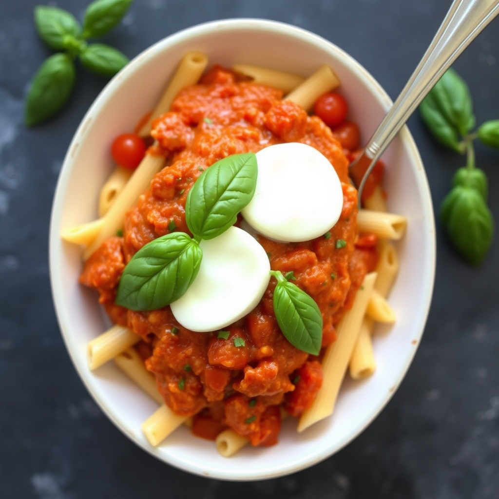 Penne med sommersaus av tomater, fersk mozzarella og basilikum