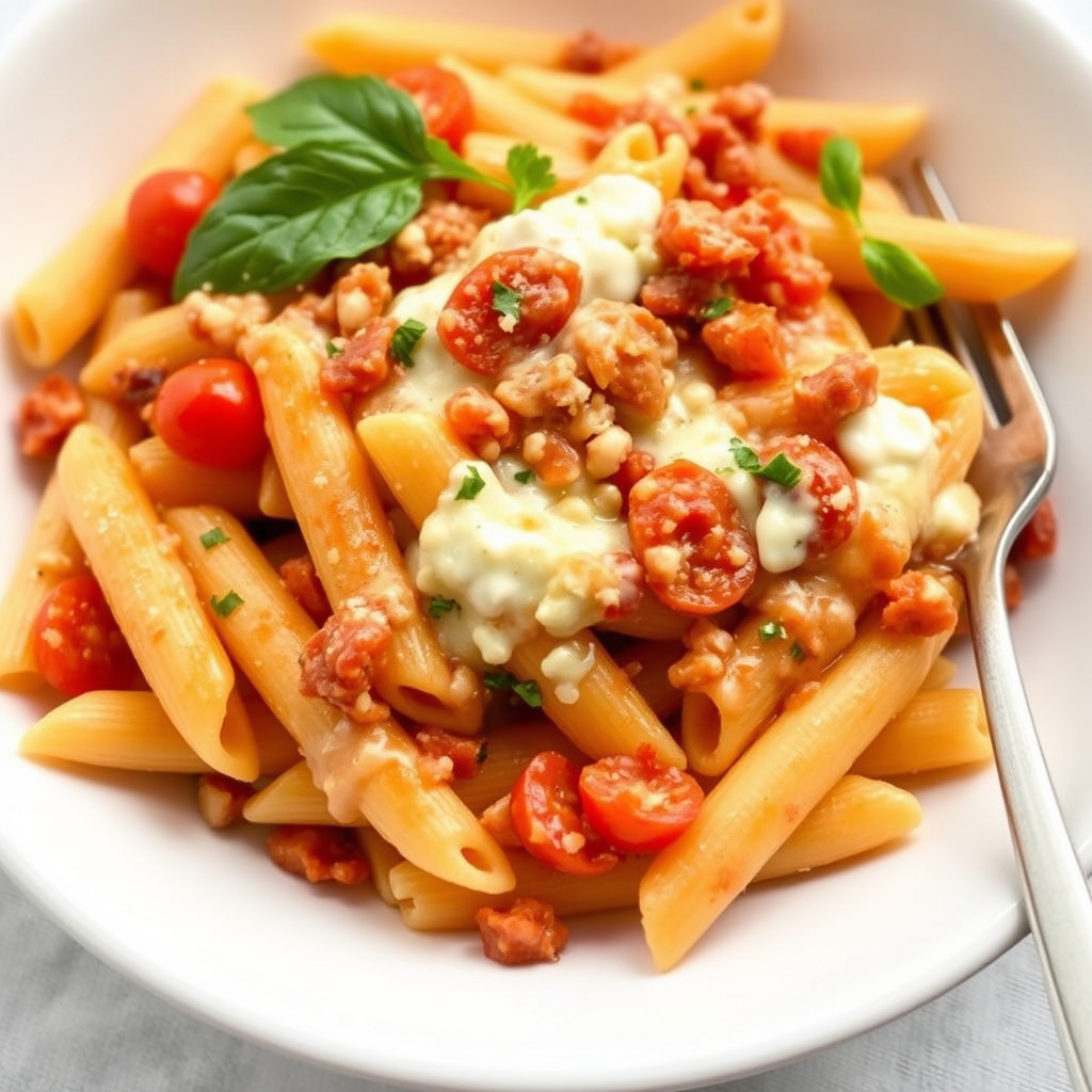 Penne med tomat-, bacon- og ostesaus