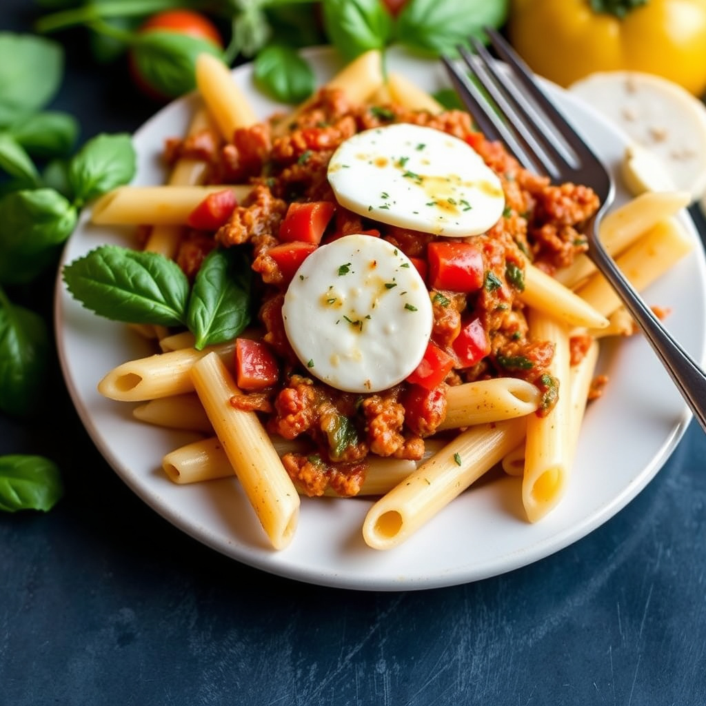 Penne med tomatpesto og røkt mozzarella