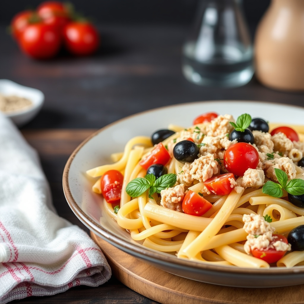 Penne med tunfisk, cherrytomater og oliven