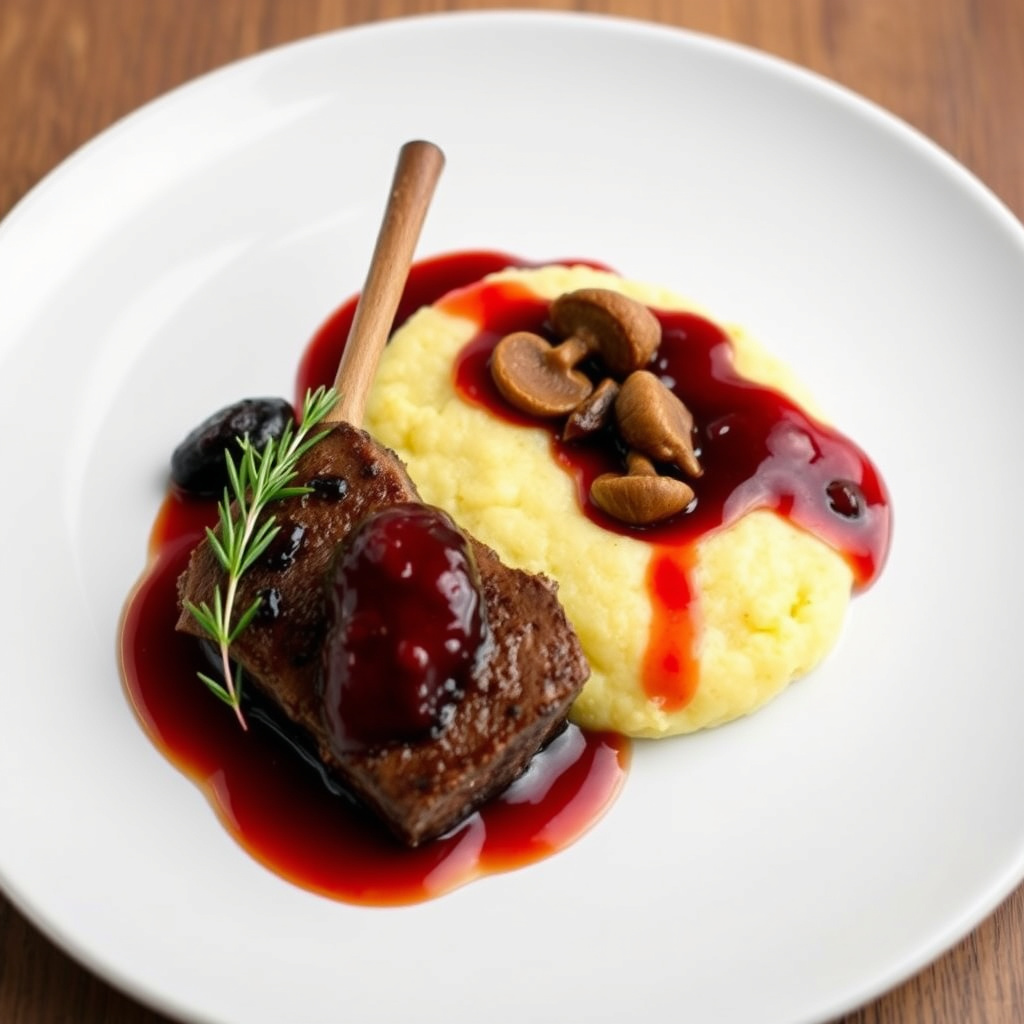 Pepperkrydret hjort med tranebær- og portvinsaus, kremet polenta og kantareller