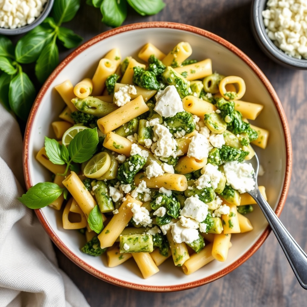 Pesto, makroner og geitost
