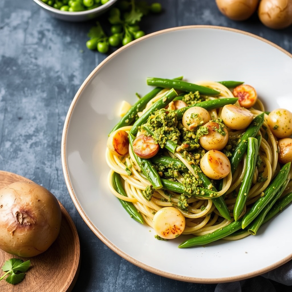 Pesto pasta med grønne bønner og poteter