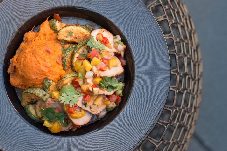 Chili jam kylling med karamelliserte søtpoteter og fersken