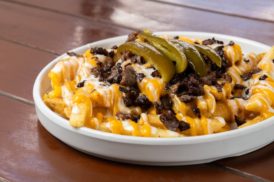 Svinebryst "Disco Fries" med smeltet ost