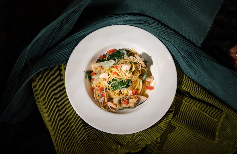 Linguine med krabbe, blåskjell og mais